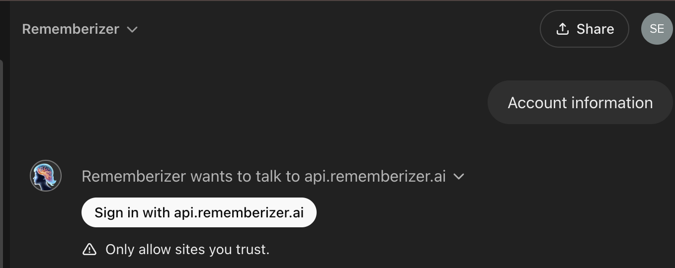 Anmeldeanforderung von der Rememberizer GPT-App