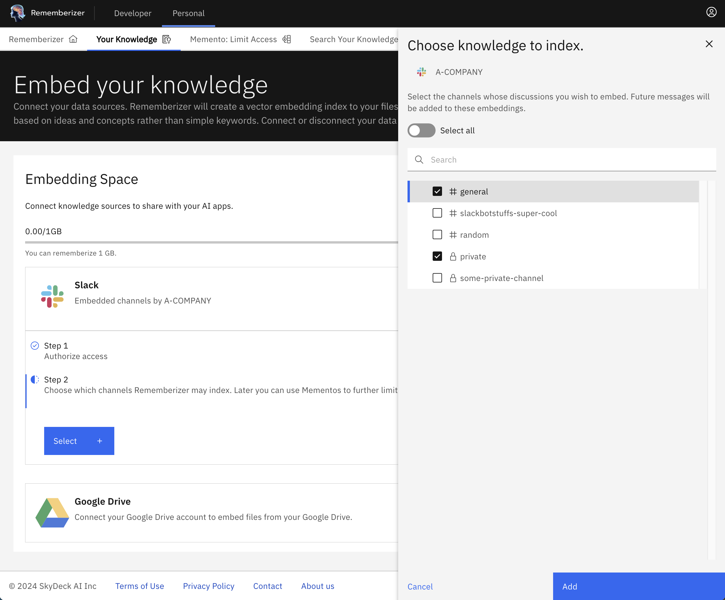 Wählen Sie Kanäle aus, die als Wissen eingebettet werden sollen
