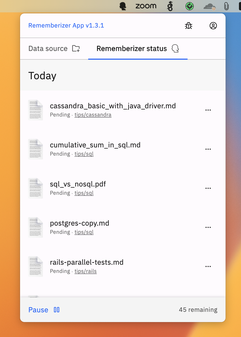 Statusbildschirm der Rememberizer-App