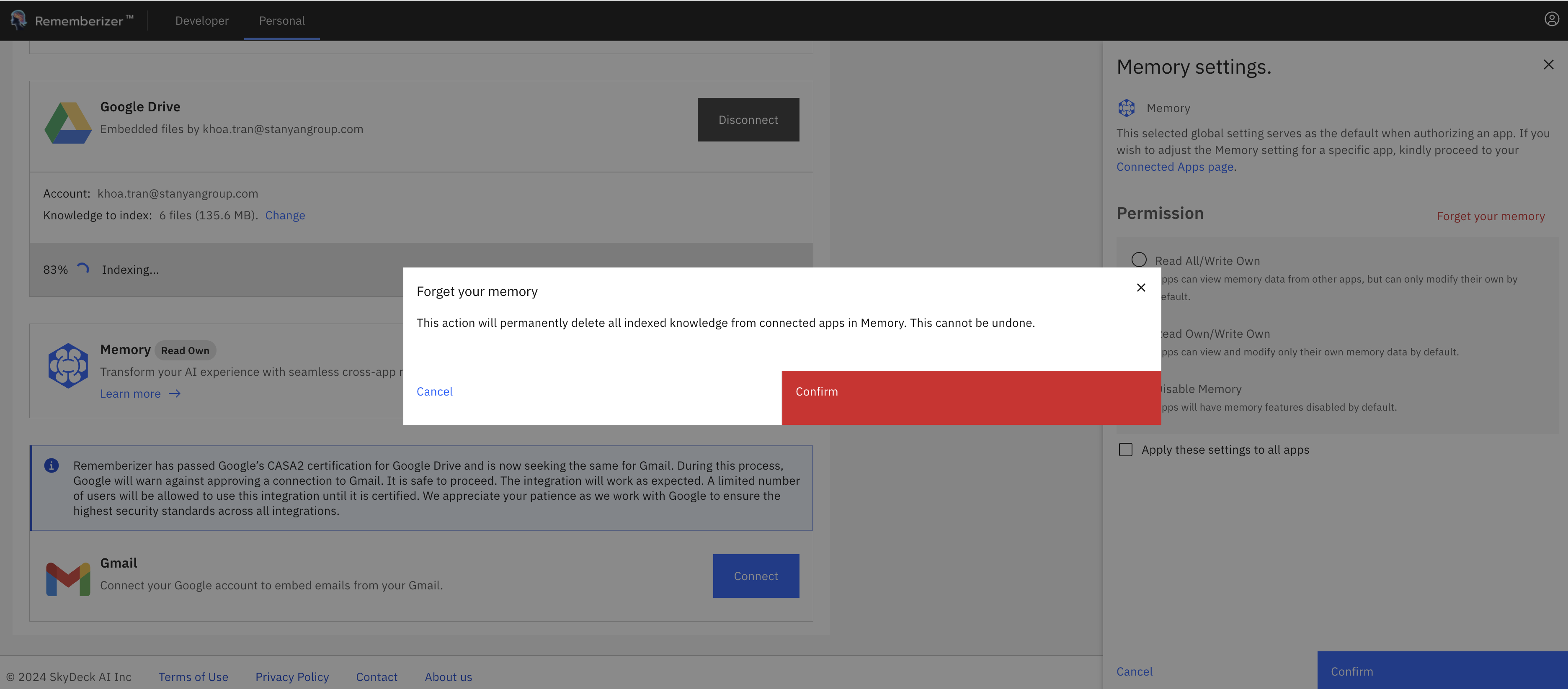 Bestätigungsmodal beim Vergessen des Gedächtnisses
