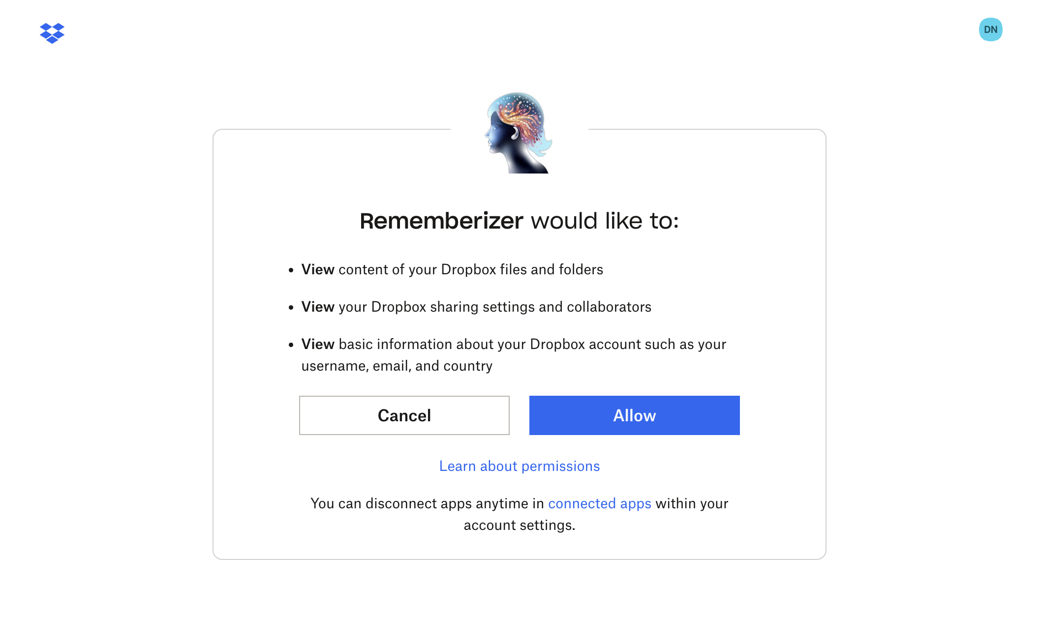 Dropbox OAuth-Autorisierungsbildschirm