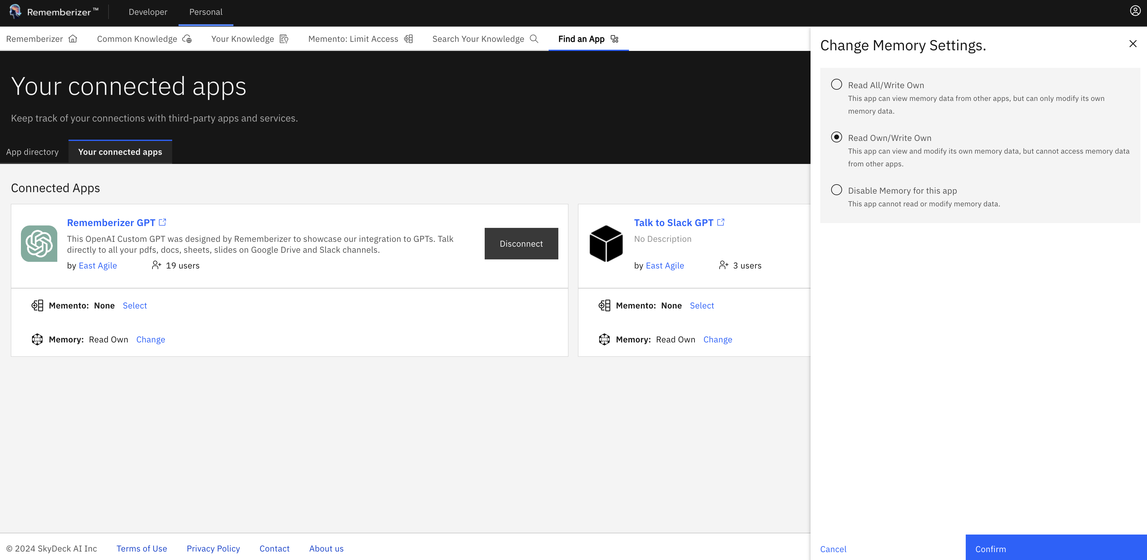 Speicher konfigurieren für jede App auf der Seite der verbundenen Apps